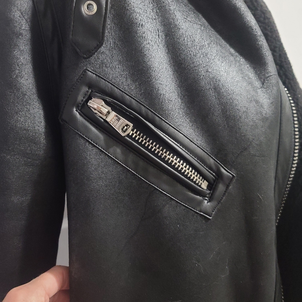Avec Les Filles Faux Shearling Trim Faux Leather Oversized Biker Moto Jacket XS - Picture 9 of 13